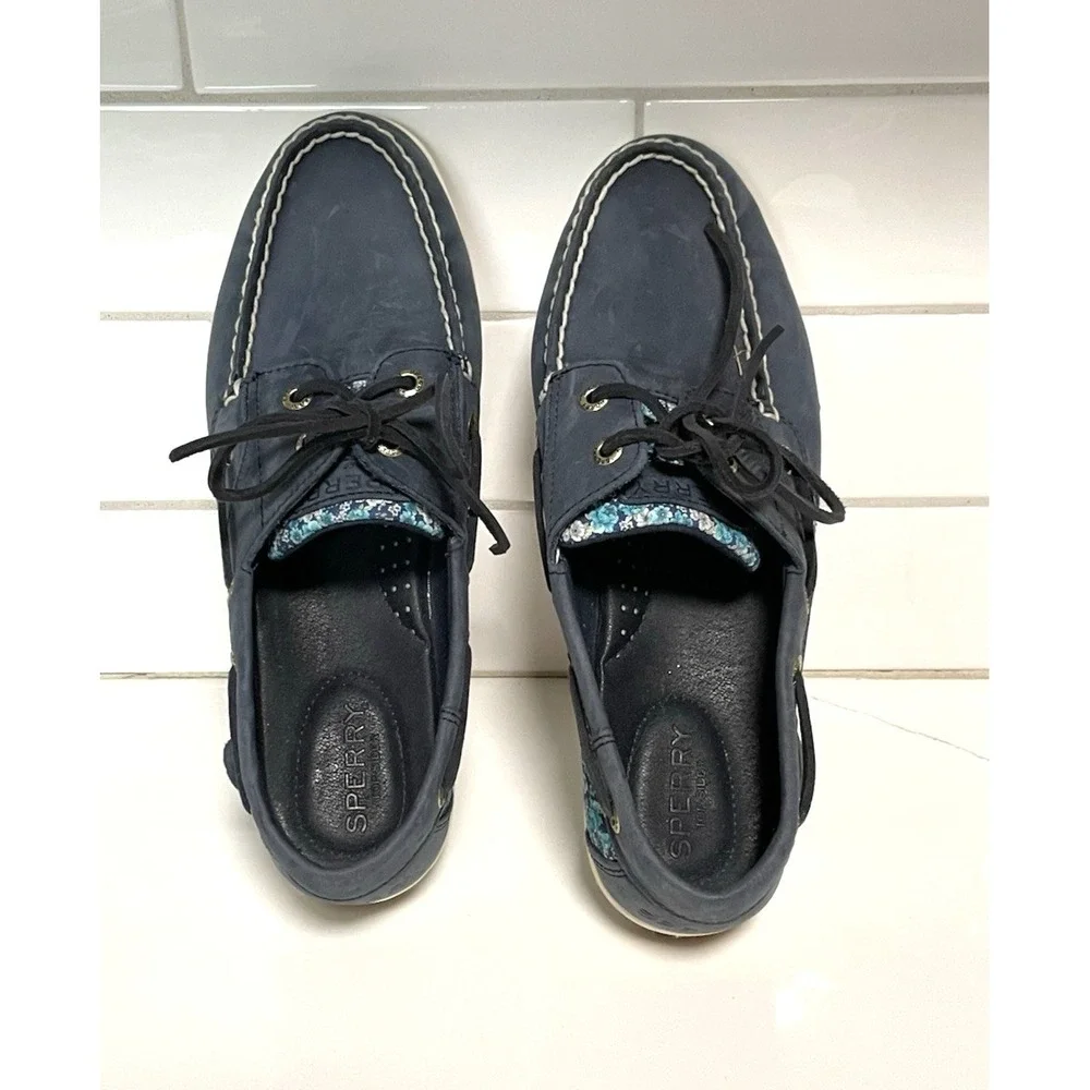 Sperry Top-Sider Women Boat Shoe Blue Leather Floral Print STS88692  Size 8 1/2W